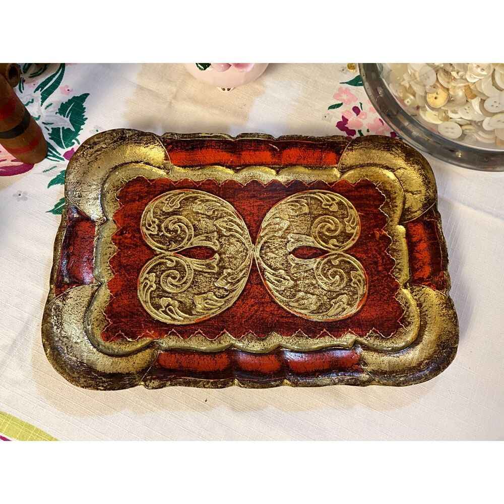 Vintage Italian Florentine Tray red and gold; great size Hollywood Glam